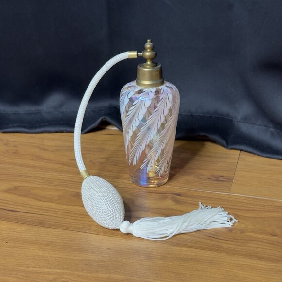 Vintage Pink Iridescent Art Glass Perfume Bottle Atomizer White Swirl 6.25” Tall - Picture 13 of 14